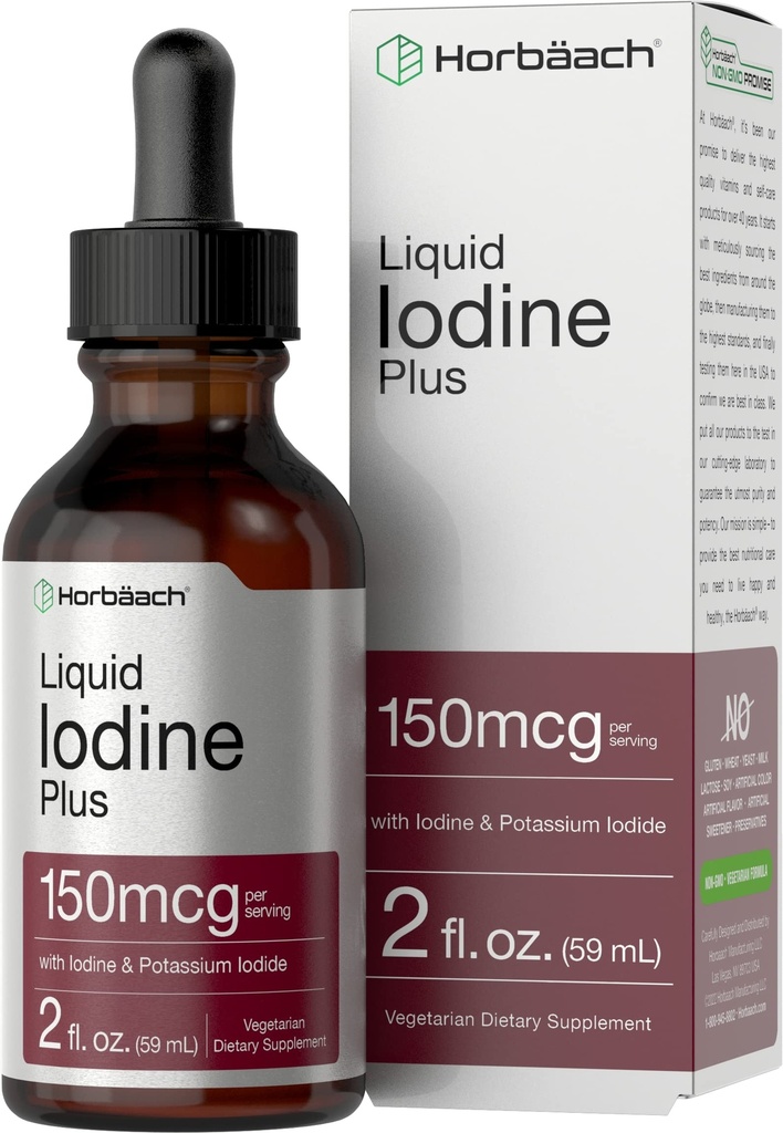 Horbäach Jod Liquid Drops Mex124; 2 fl oz Mex124; 150 mcg Mex124; Jod & Kalium Iodide Liquid Tincture Mex124; Vegetar, Non- GMO, Gluten Free Supplement