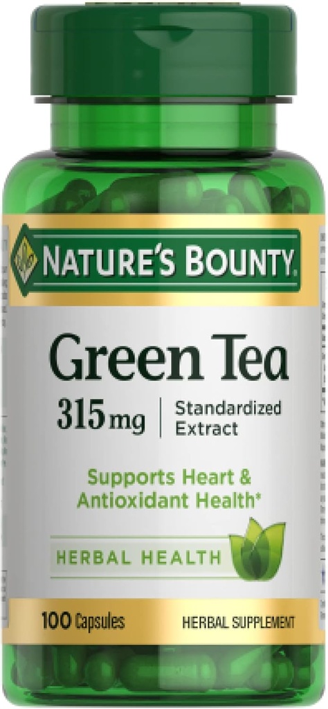 Naturens Bounty Green Tea Pills og Herbal Health Supplement, understøtter hjerte og antioxidant sundhed, 315mg, 100 kapsler