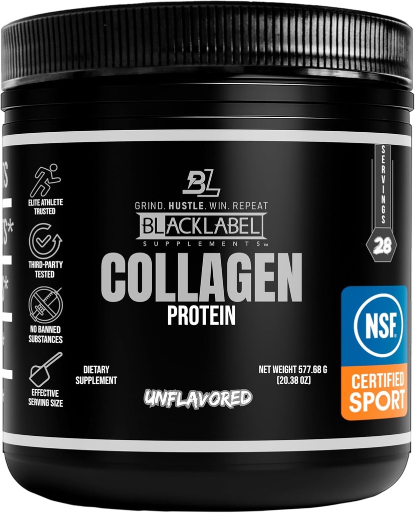 Blacklabel Unflavored Collagen Peptider Protein Powder - NSF Certified for Sport - Hydrolyzed Collagen Powder til fælles, Tendon og Ligament Support - Protein med Collagen til inddrivelse - 28 Servere