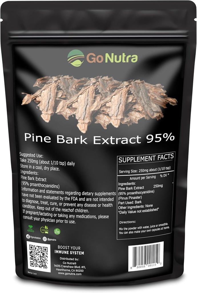 Go Nutra Pine Bark Extract Powder Standardized 95% Proanthocyanidin Pine Bark Powder Potent Supplement 8oz. Pure Non- GMO Vegan