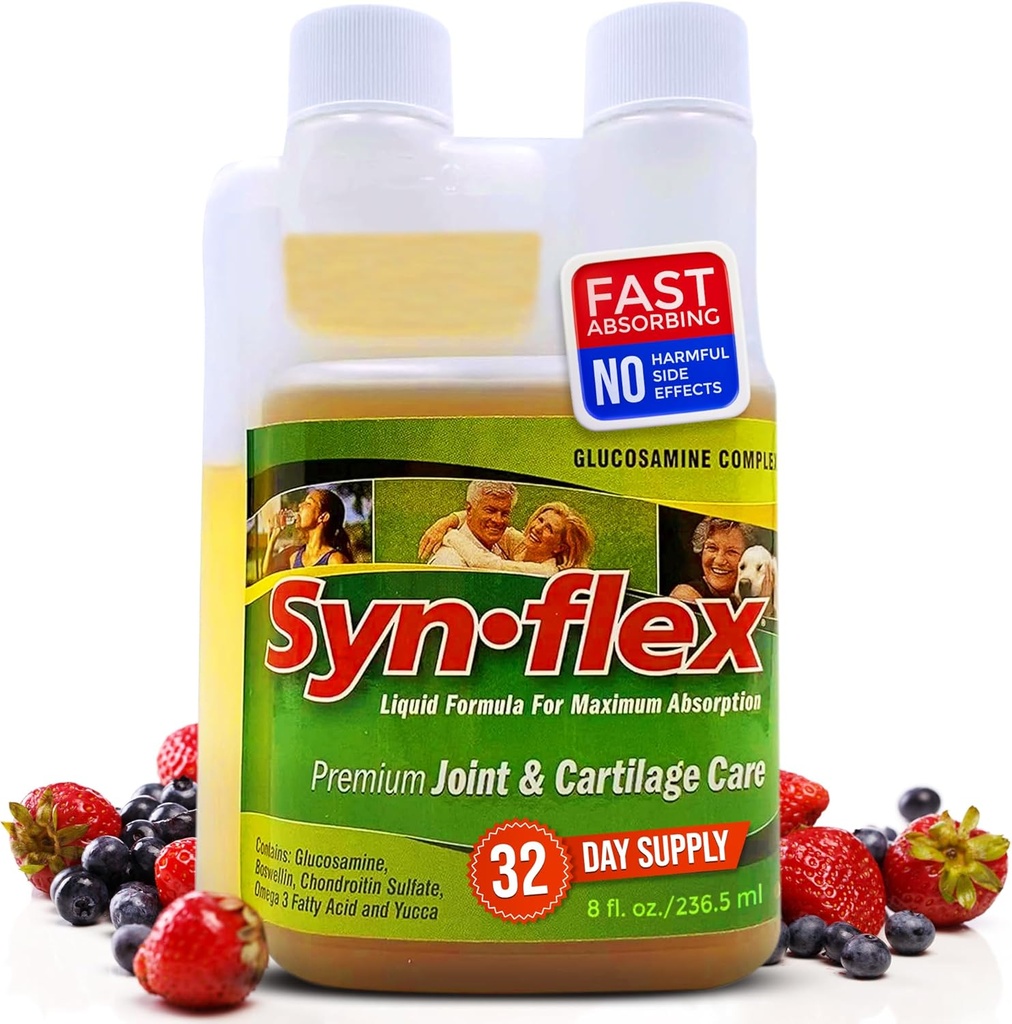 Synflex Liquid Glucosamin Original Formel - Chondroitin, vitaminer, mineraler - Drikke supplement til mænd og kvinder, Hjælper støtte Joint & Cartiage Sundhed - Berry Flavor, 32 dages forsyning