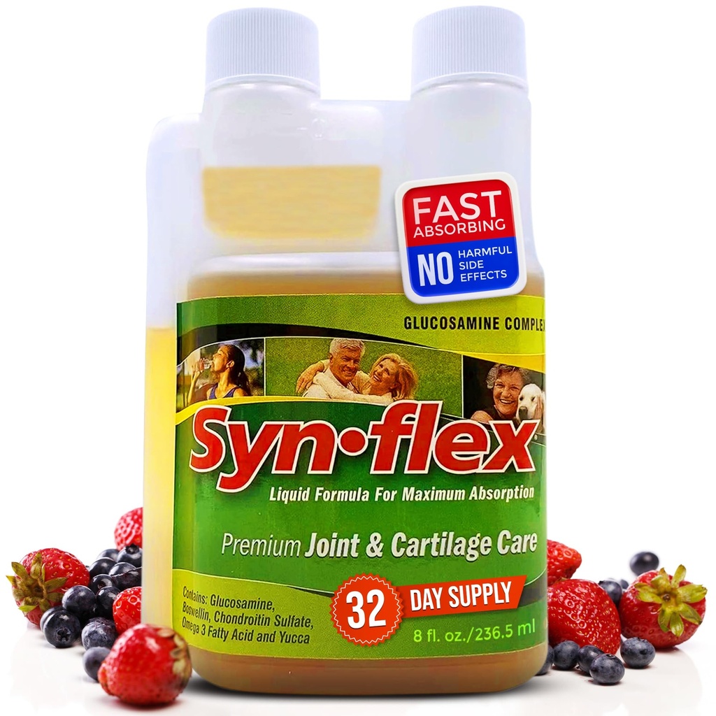 Synflex Liquid Glucosamin Original Formel - Chondroitin, vitaminer, mineraler - Drikke supplement til mænd og kvinder, Hjælper støtte Joint & Cartiage Sundhed - Berry Flavor, 32 dages forsyning