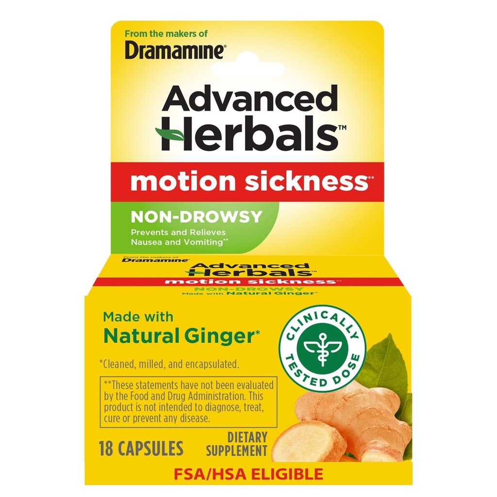 Fra Makers of Dramamin, Advanced Herbals, Non- Drowsy, Motion Sygdom Relief, Lavet med naturlige Ingefær, 18 Greve