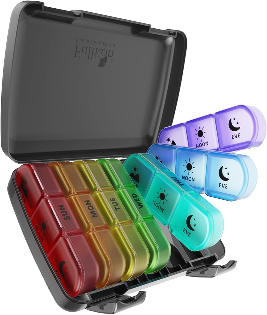 Pill Organizer 3 gange om dagen, Fullicon Stor Ugentlig Pill sag 7 Dag, Daily Pill Box med 21 kompartmenter, Pill Dispenser Supplement Holder til piller / Vitamin / Fish Oil - Multi- farvet