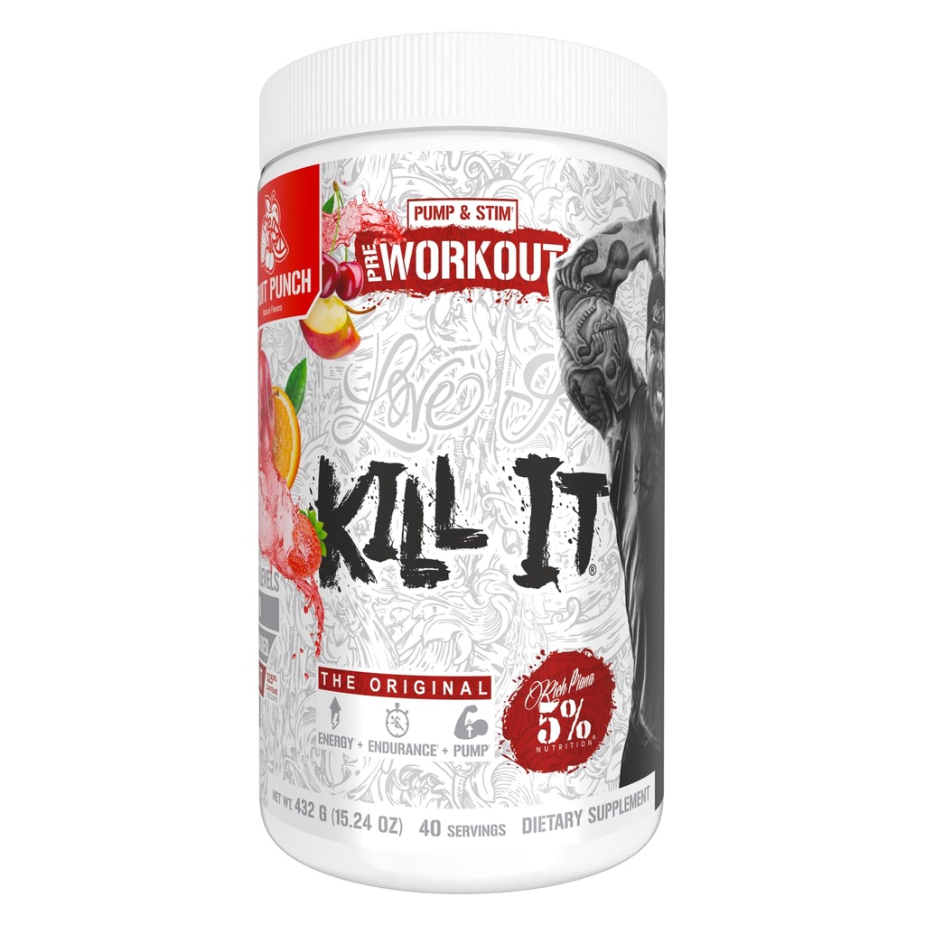 5% Nutrition Rich Piana Kill It Pre Workout Powder w / Creatin, Koffein, Beta Alanine, Hydroprime Glycerol til Pump, Styrke, Endurance Budding 124; 20 / 40 Srvgs (40 Servere, Frugt Punch)