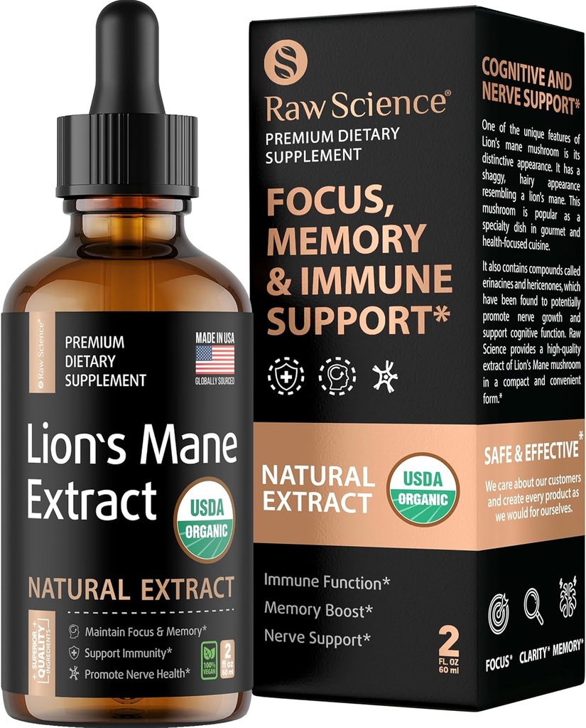 Organic Lions Mane Support Extract - Liquid Nootropics Brain Support - Lion Mane for Enhanced Mental Focus & Clarity - Lions Mane Liquid - Nootrop Mushroom Supplement - Vegan, 2 fl oz