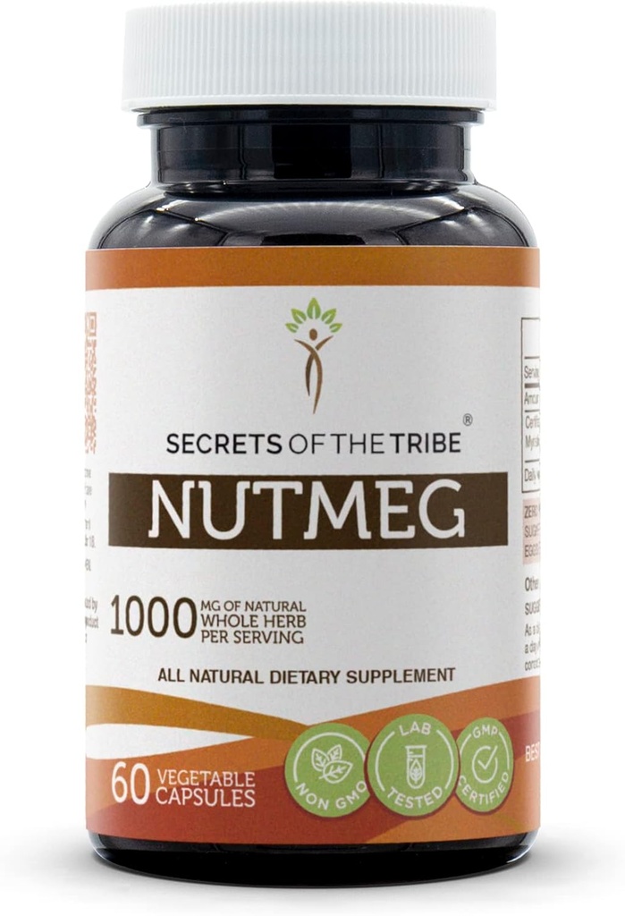 Secrets of the Tribe Nutmeg 60 Capsules, 1000 mg, Nutmeg (Rou Dou Kou, Myristica Fragrans) Tørret Nut (60 Capsules)