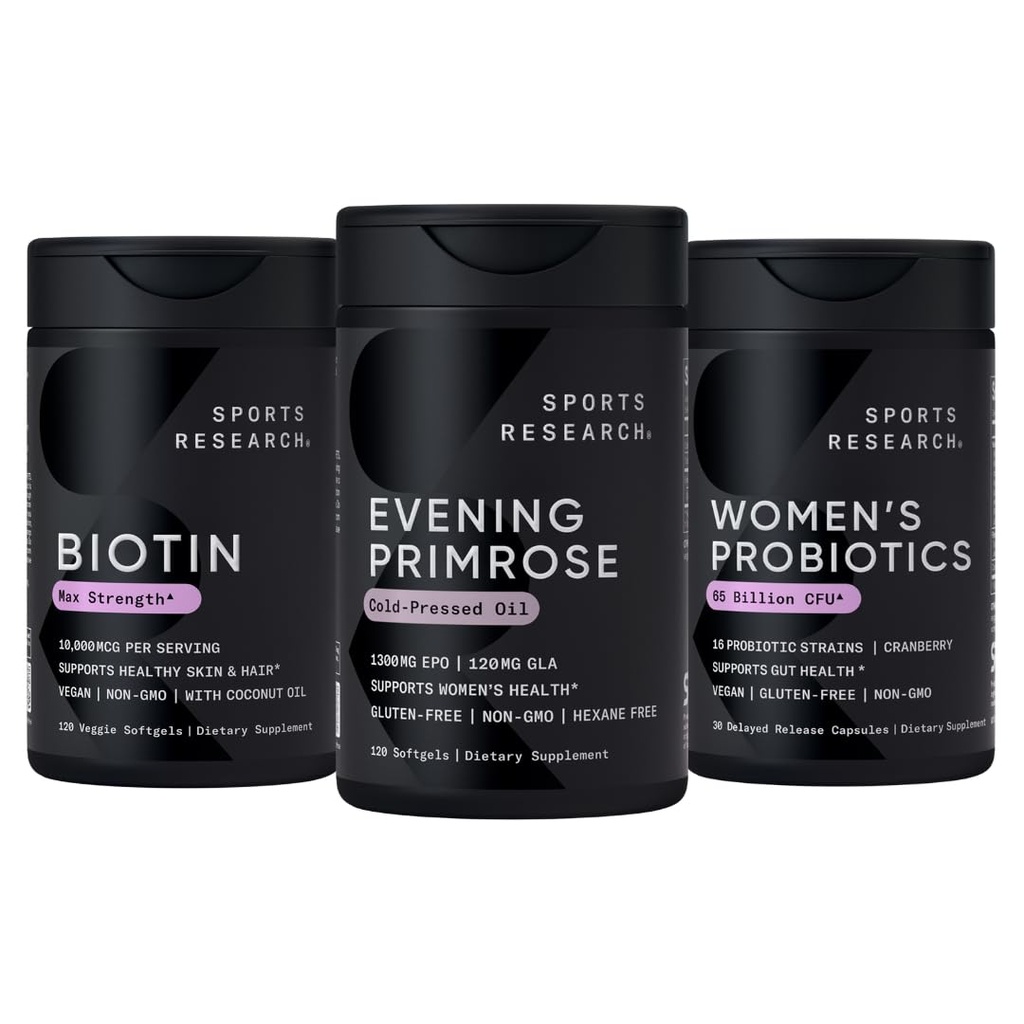 Sportsforskning Aften Primrose Supplement fra Cold Pressed Oil, Vegan Biotin 10,000mcg med kokos Olie & kvinders Probiotika med Prebiotika, 65 milliarder CFU