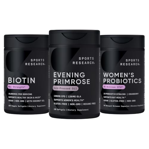 Sportsforskning Aften Primrose Supplement fra Cold Pressed Oil, Vegan Biotin 10,000mcg med kokos Olie & kvinders Probiotika med Prebiotika, 65 milliarder CFU