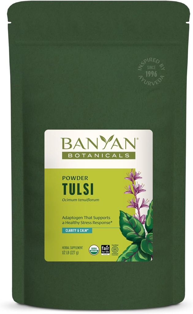 Banyan Botanicals Tulsi Powder – Organic Tulsi – Holy Basil (Ocimum Sactum) – Ayurvedic Adaptogen for Healthy Lung Function and Peaceful Well-Being and * – ½ lb. – Non-GMO Sustainably Sourced Vegan