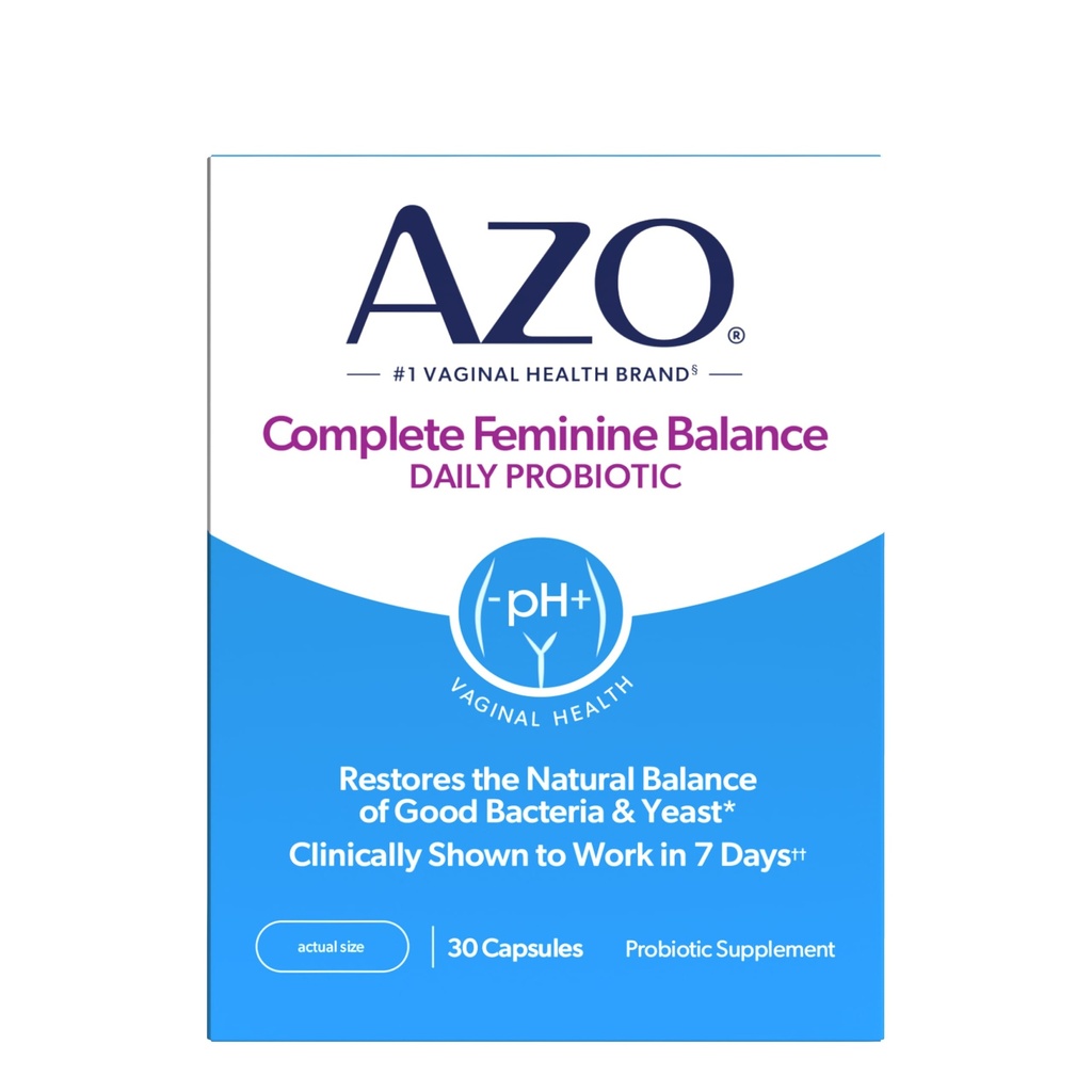 AZO Komplet Feminin Balance Daglig Probiotika for kvinder, Klinisk bevist at hjælpe med at beskytte vaginal sundhed, Hjælper balance pH og gær, Non- GMO, 30 Greve