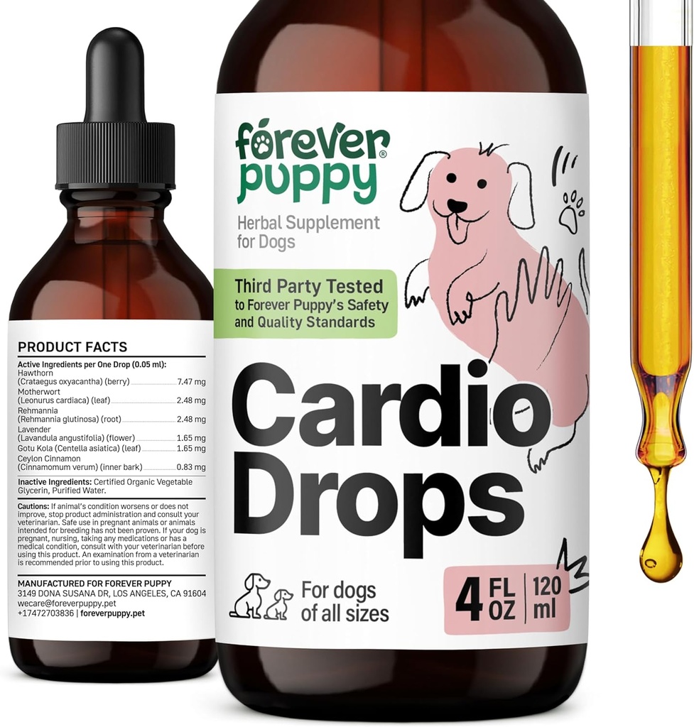 Forever Puppy Cardio dråber til hunde - Heart Support til hunde w / Hawthorn Berry & Mothert Herb - Flydende antioxidant supplement w / Gotu Kola blade & Lavender ekstrakt - 4 fl oz