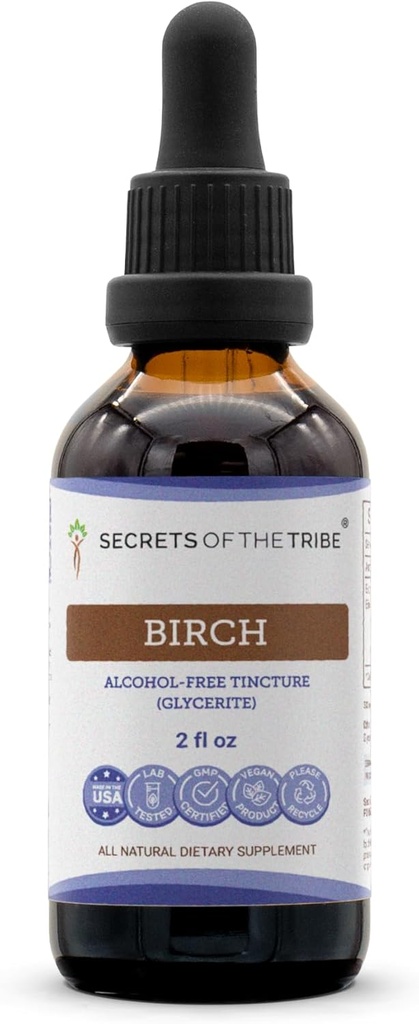 Secrets of the Tribe Birch Tincture Alcohol- Free Liquid Extract, Birch (Betula Pendula) Tørret Leaf (2 FL OZ)