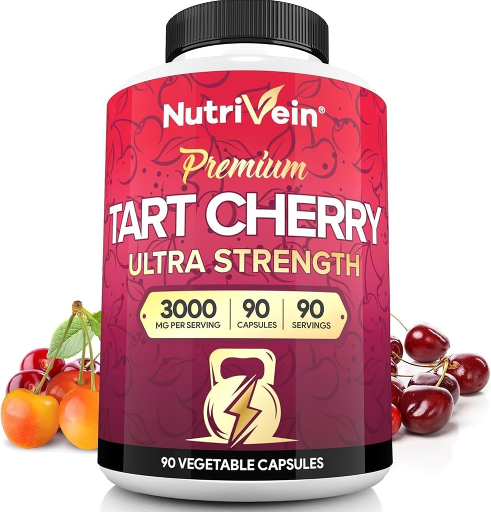 Nutrivein Premium Tart Cherry Kapsler 3000mg: Ultra Strengtart Cherry Extract Supplement til post- atletisk Inddrivelse, Detox, Hvile, & Mobilitet