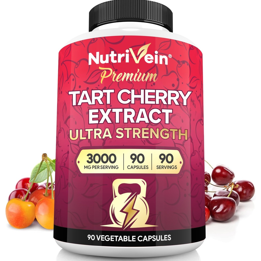Nutrivein Premium Tart Cherry Kapsler 3000mg: Ultra Strengtart Cherry Extract Supplement til post- atletisk Inddrivelse, Detox, Hvile, & Mobilitet