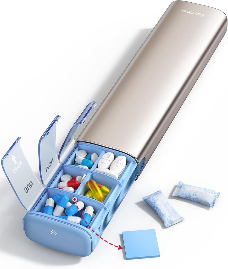 Vaydeer 7 Day Weekly Pill Organizer (Support 2 Times a Day), Metal Travel Pill Case, Large Capacity Daily Cute Pill Box for Supplements, Pills, Vitamins and Medication (Champagne), 8.3*2.1*1.2 Inch