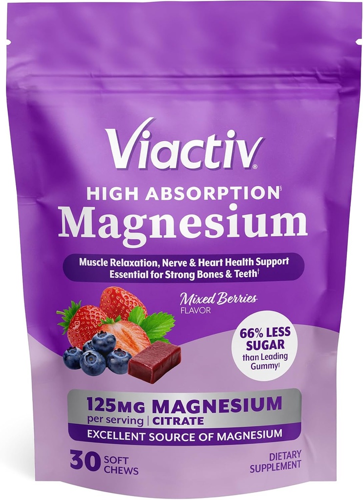 Viactiv Magnesiumtyggere, høj absorption Magnesiumcitrat, blandet bær flavor med mindre sukker end førende Magnesiumgummier, 30ct, 1pc Servering