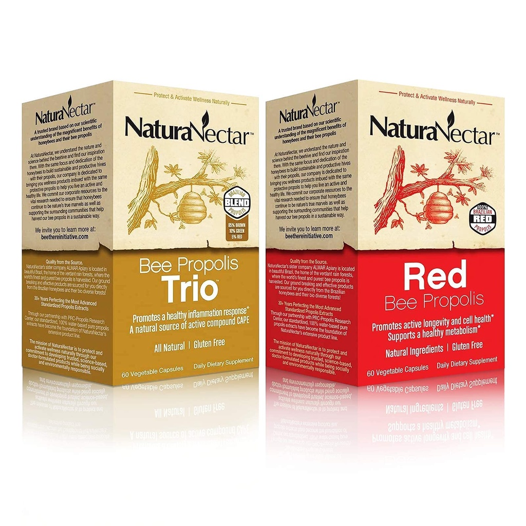 NaturaNectar Natural Bee Propolis Bundle - Trio og Red Propolis - til immunforsvar og cardiovaskulær støtte og en sund metabolisme * - 60 kapsler per flaske