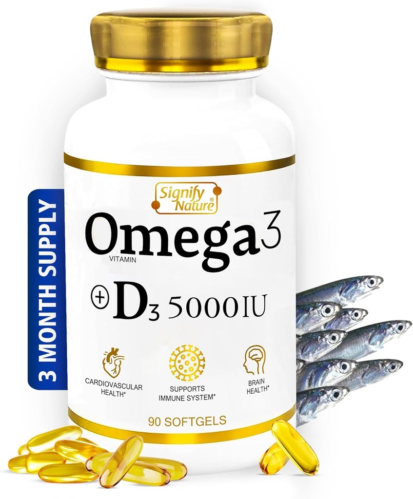 LIGNENDE NATUR Omega 3 Fish Oil Supplement med vitamin D3 5000 IE - 1000 mg triglyceridkapsler til hjernesundhed - Omega3 EPA DHA + VIT D 3- 90CT