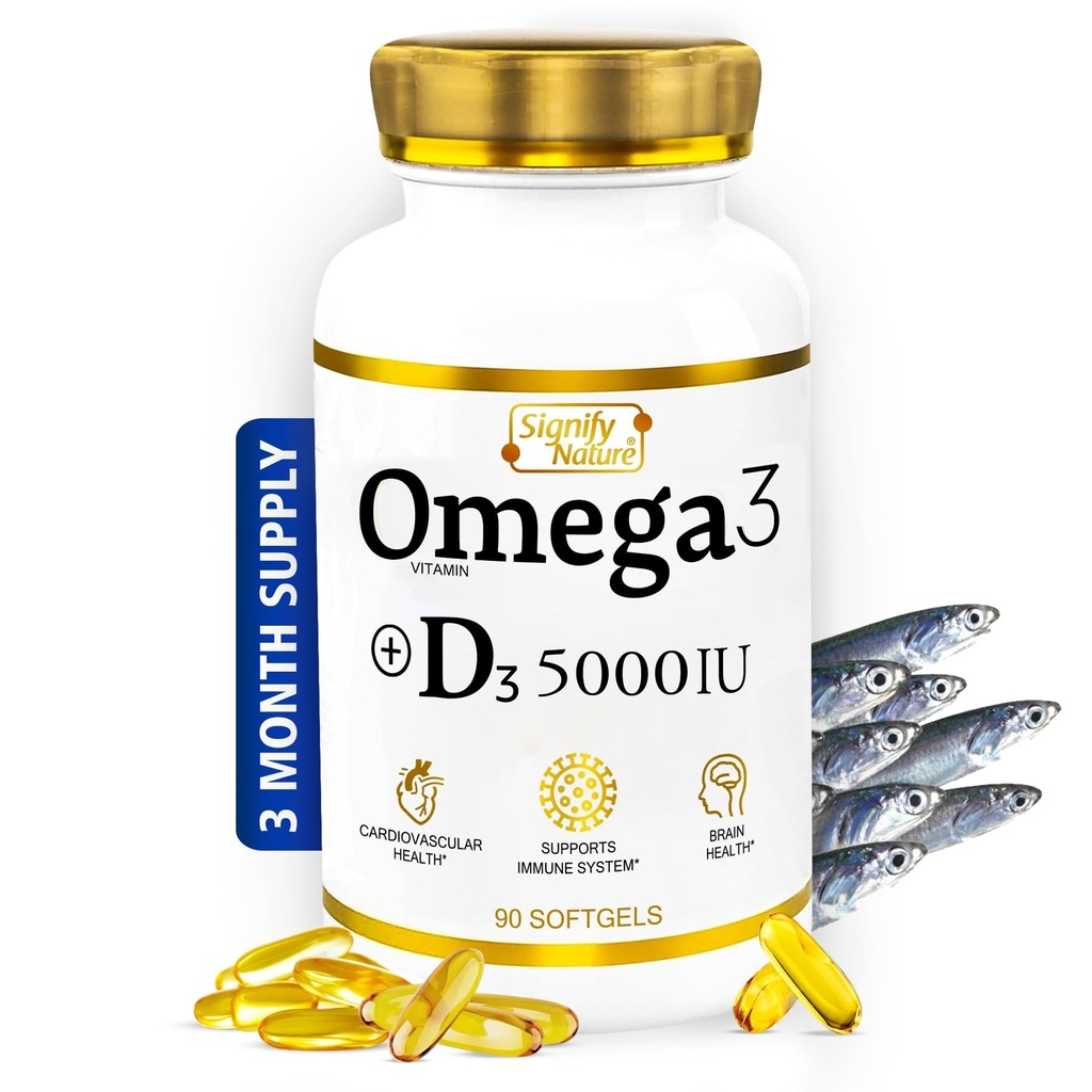 LIGNENDE NATUR Omega 3 Fish Oil Supplement med vitamin D3 5000 IE - 1000 mg triglyceridkapsler til hjernesundhed - Omega3 EPA DHA + VIT D 3- 90CT