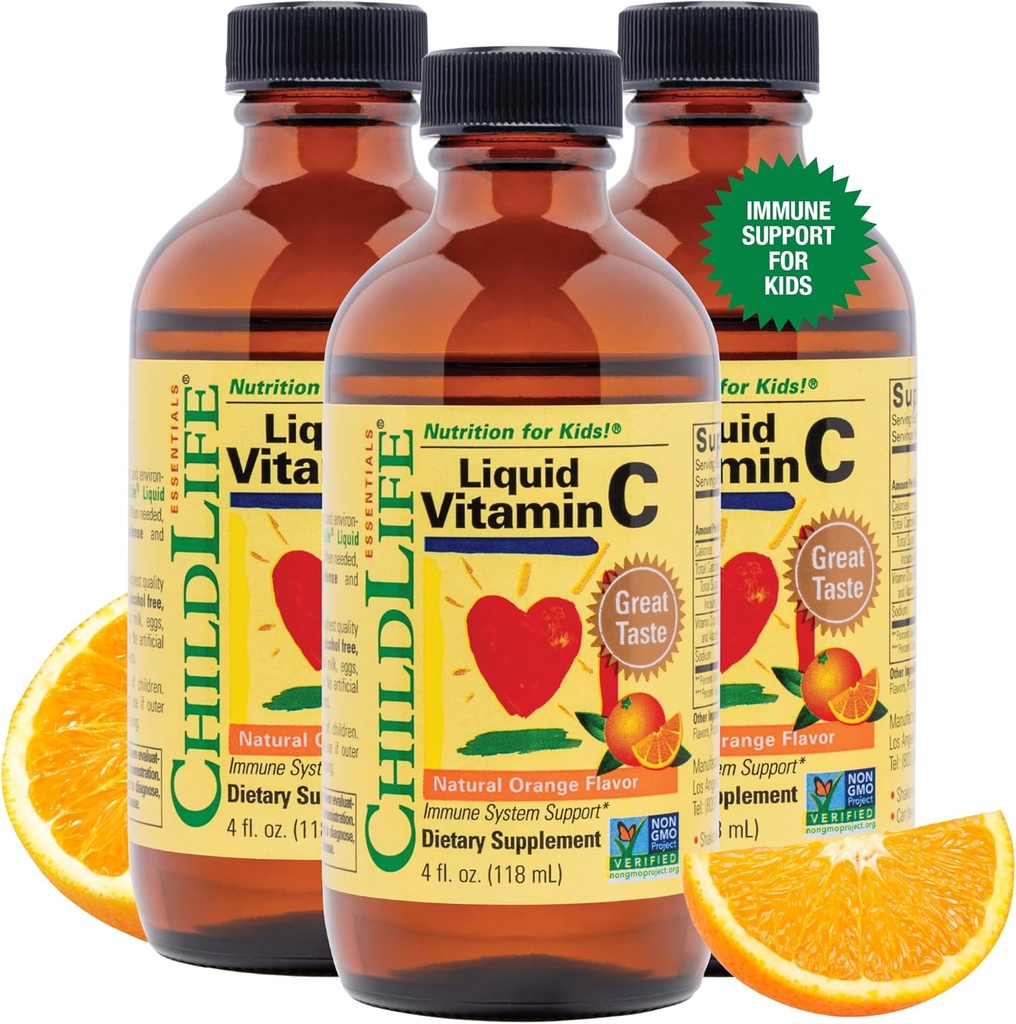 Børneliv VÆSENTLIGE Flydende C-vitamin - Pure Vitamin C flydende supplement til børn, immunsystem support, stor smag - Natural Orange, 4 Fl Oz (pakke med 3)