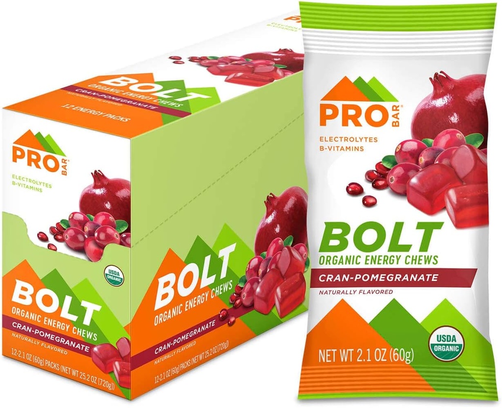 PROBAR - BOLT Organic Energy Chews, Cranberry Pomegranate, Non- GMO, Gluten- Free, USDA Certified Organic, Sund, Natural Energy, Fast Fuel Gummies med Vitaminer B & C (12 Greve)