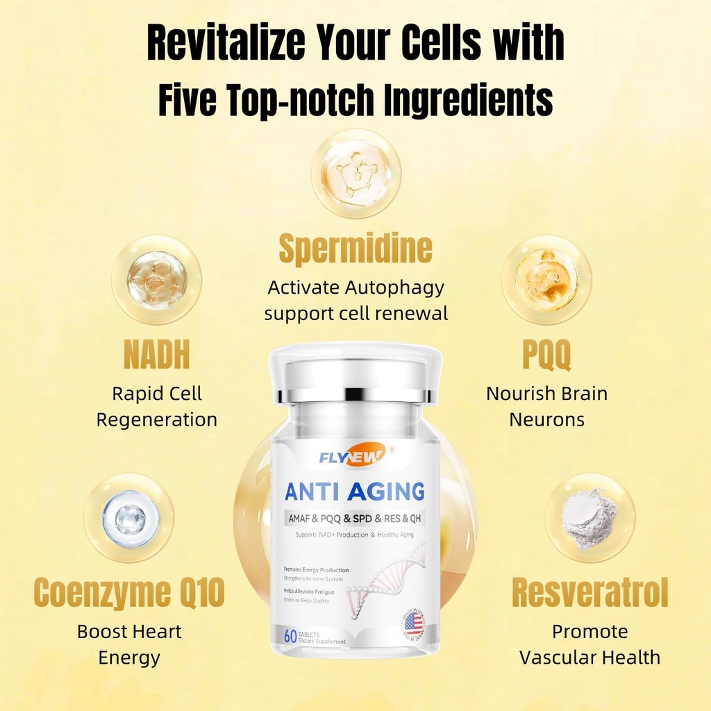 Anti-Aging, Resveratrol,NADH& PQQ, Healthy Hair, Skin, and Nails, Cellular Health, Spermidine, Ubiquinol, GMP, Made in USA 60 Capsules