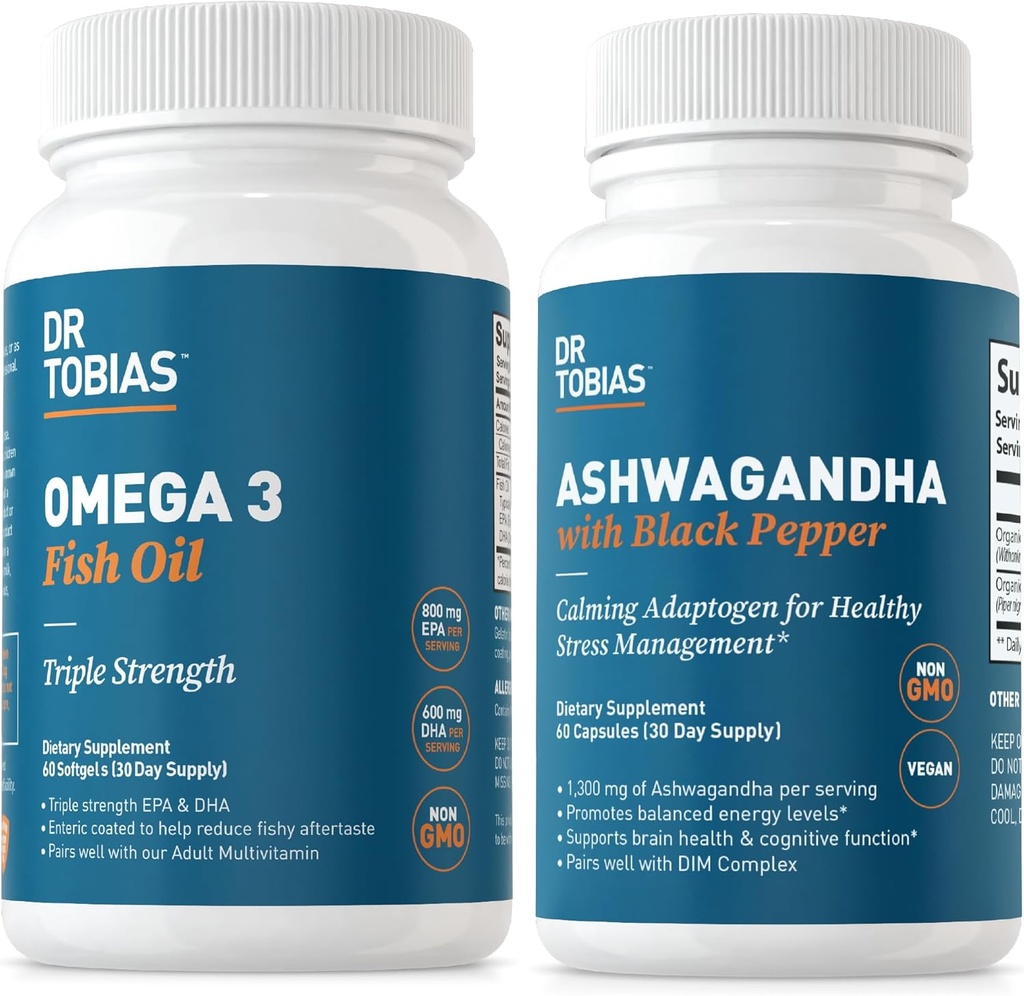 Dr. Tobias Omega 3 Fish Oil og Ashwagandha Kapsler, Støtte Samlet Wellness & Balanced Energy & Resilience, Non- GMO