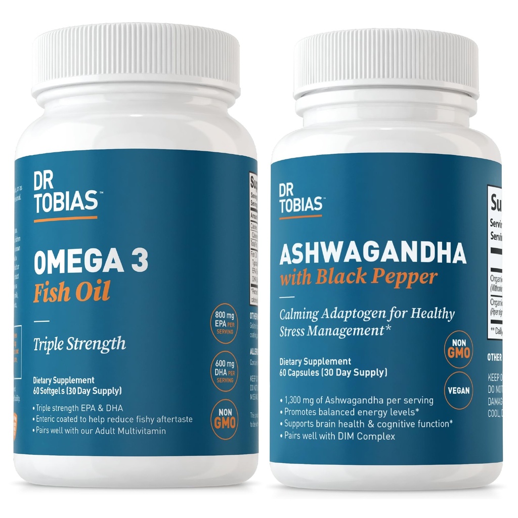 Dr. Tobias Omega 3 Fish Oil og Ashwagandha Kapsler, Støtte Samlet Wellness & Balanced Energy & Resilience, Non- GMO