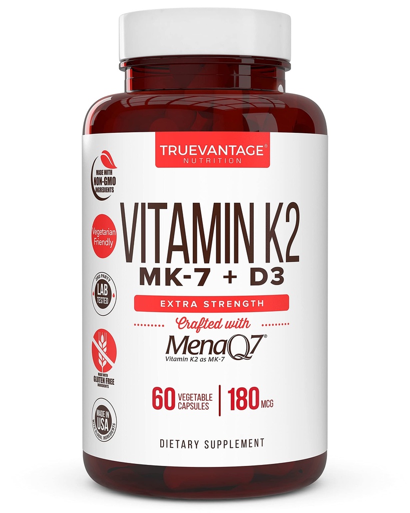 Vitamin K2 D3 Supplement 5000 IE D3 og 180 mcg Vitamin k2 MK7 Supplement for sunde knogler, sundt hjerte & cardiovaskulær health- 60 Let at synke Vegetabilske hætter af MenaQ7 K2 MK7