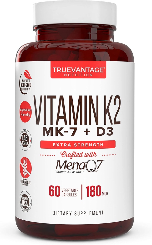 Vitamin K2 D3 Supplement 5000 IE D3 og 180 mcg Vitamin k2 MK7 Supplement for sunde knogler, sundt hjerte & cardiovaskulær health- 60 Let at synke Vegetabilske hætter af MenaQ7 K2 MK7