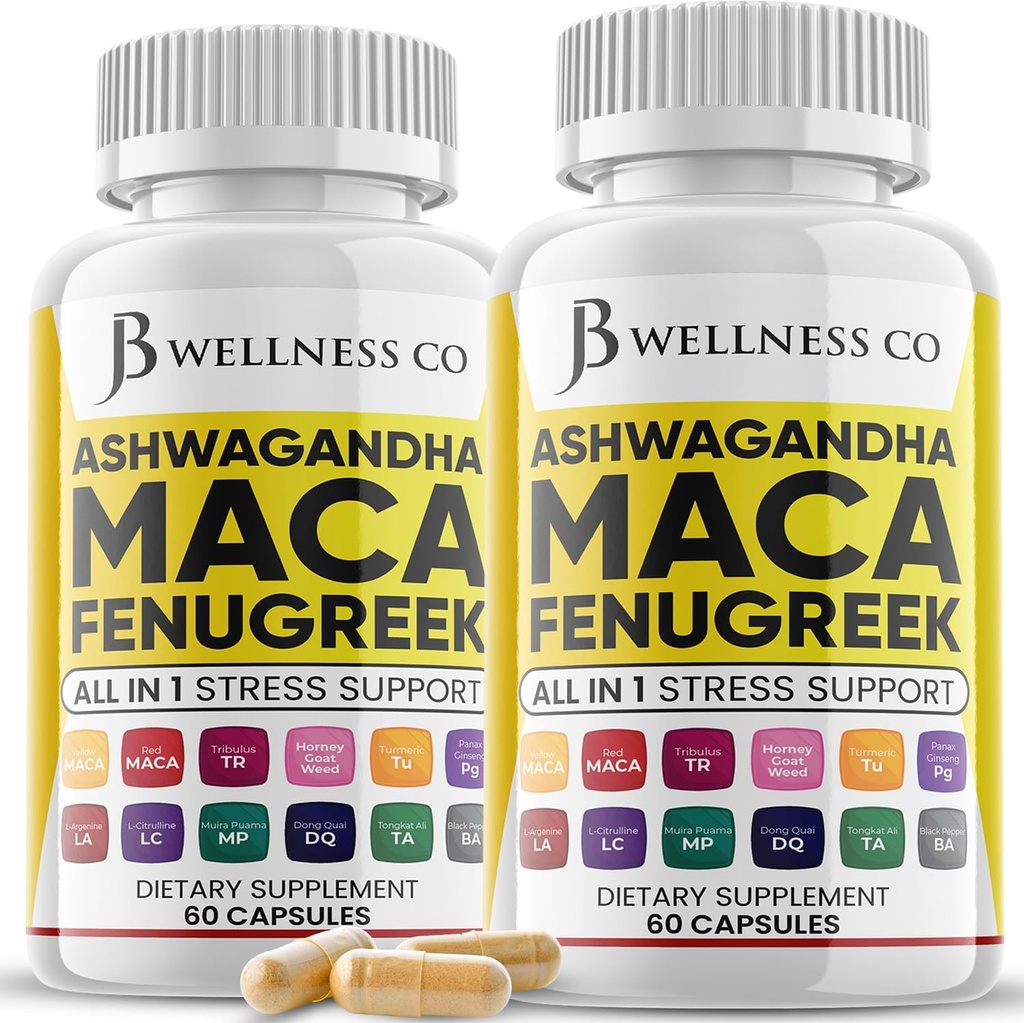 Ashwagandha Maca Root Fenugreek tillæg med Tongkat Ali Ginseng - Assister med Mood & Thyroid Health - Made in USA - 120 Greve