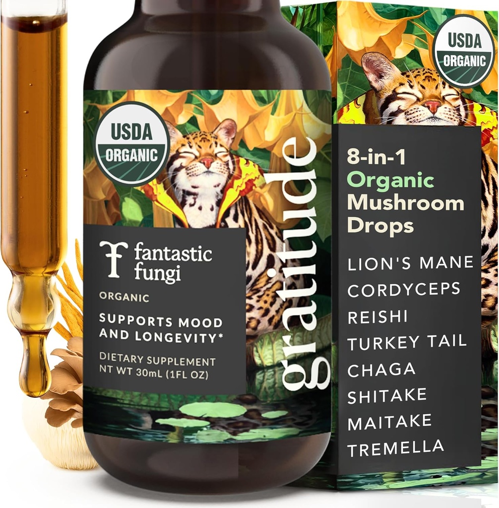 Fantastic Fungi Mushroom Extract - 8-in-1 Organic Complex Mushroom Supplement med Cordyceps, Reishi, Lions Mane, Chaga, Tyrkiet Hale, Shiitake, Maitake & Tremella - Adaptogen flydende tinktur, 1 fl oz
