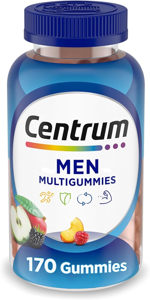 Centrum MultiGummies Gummy Multivitamin til mænd, Multivitamin / Multimineral Supplement med Selen, Antioxidanter og Vitamin D3, Assorted Fruit Flavor - 170 Greve