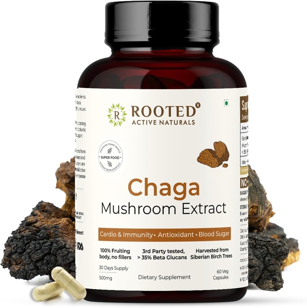 ROOTED Actives, Sibirisk Chaga Mushroom Extract, Certified Organic Measures 124; 35% Beta Glucans - Lab Verified Measures 124; Antioxidant & Vitality Support (60 Veg Caps)