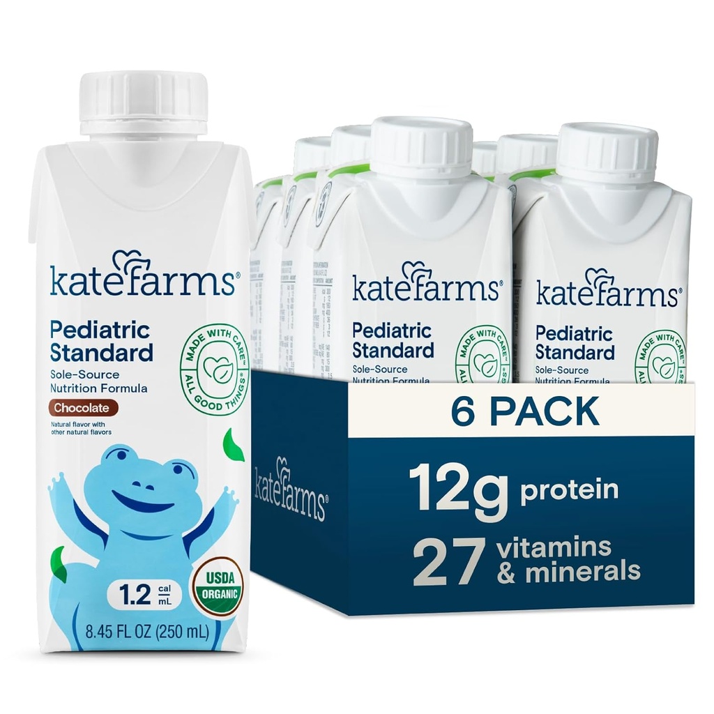 Kate FARMS Organic Pediatric 1.2 High Calorie Chocolate Nutrition Shake, 12g Protein, 27 Vitamin og Min, Meal Erstatning, 8.45 oz (6 pack)