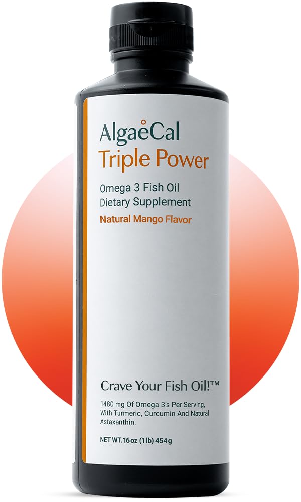 ALGAECAL Triple Power 1200mg EPA & DHA Omega 3 Fish Oil Supplement, Supporting Brain, Heart, Skin & Bones, Flydende Emulsion Mango Taste, Burp- Mindre, Sugar- Free, Made in USA