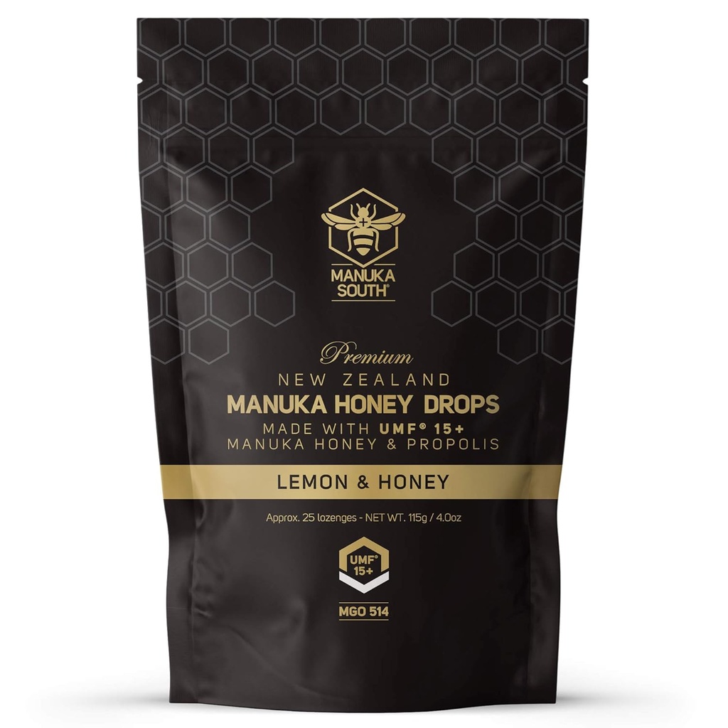 Manuka Honey Drops UMF 15 + / MGO 514 + & Propolis Drops Lavet i New Zealand - Naturlige ingredienser - Lindrende Drops - Lemon & Honning Flavor - 25 Drops