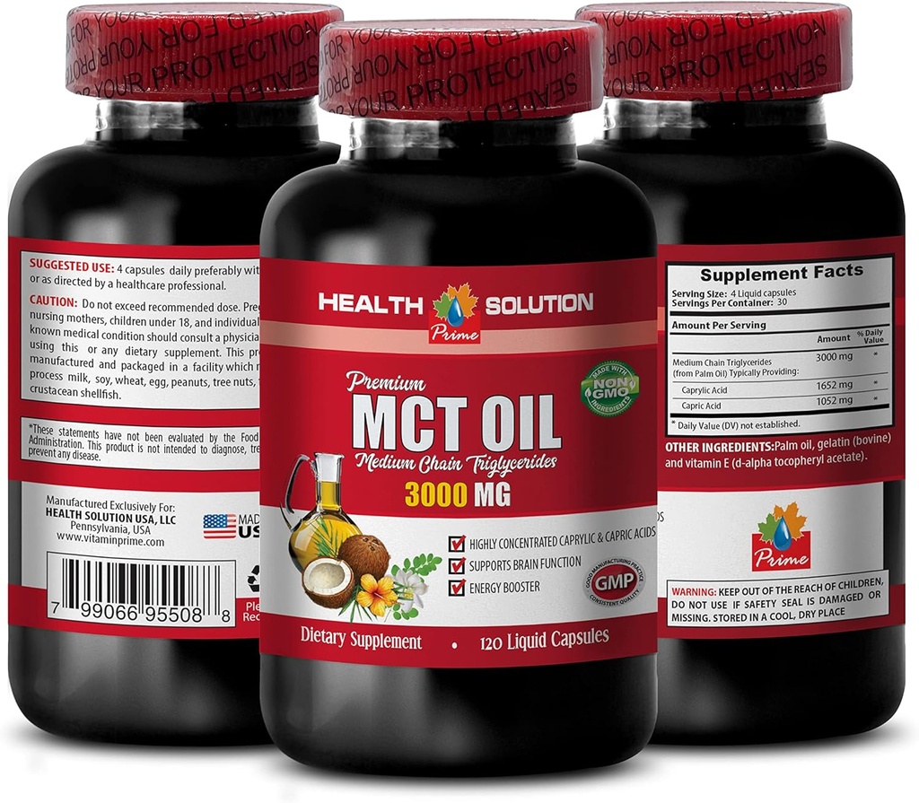 Energitilskud - MCT Oil 3600MG, 100% Pure, Medium Chain triglycerider - mct Oil Made with Coconut Oil, mct Oil for Memory, mct Oil for Brain, mct Coconut Oil - 1B 120Soft