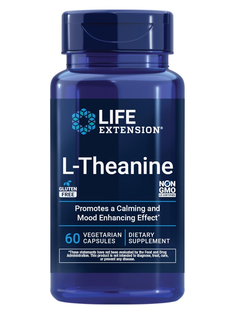 Life Extension L- Theanin, Amino Acid theanin, Calm, Afslapning, Mood, Gluten- Free, Non- GMO, Vegetar, 200 mg, 60 Kapsler