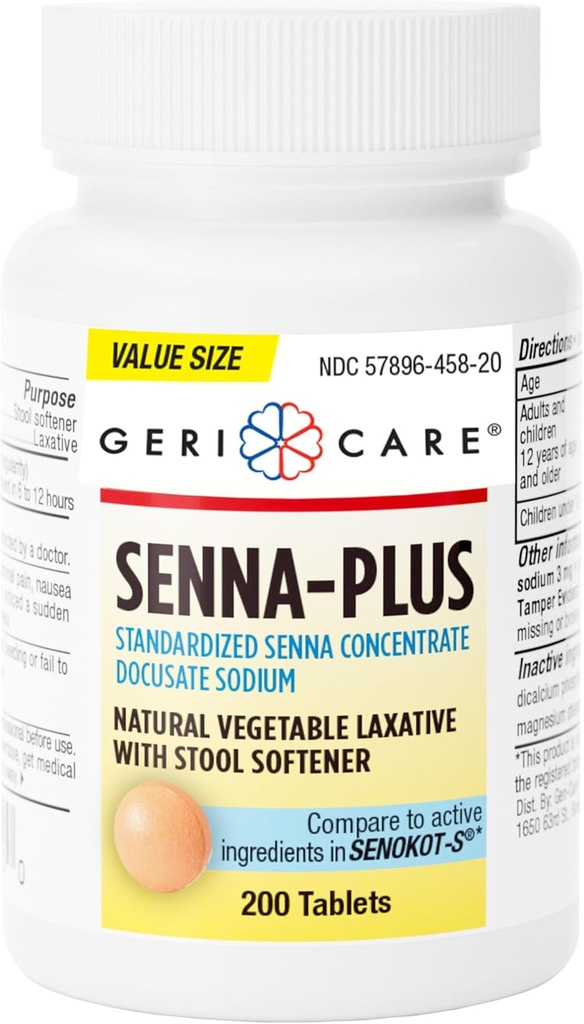 GeriCare Senna Plus Natural Laxative med Afføringsmiddel, Docusat Natrium 50mg, Sennosides 8, 6 mg, 200 tabletter (pakning med 1 pakke)