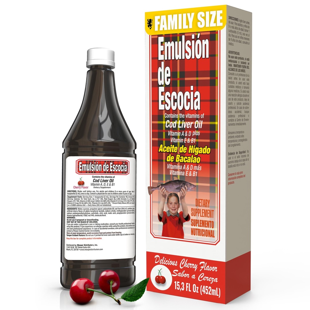 Emulsión de Escocia med cod lever olie - Cherry flavor - Vitamin A, D, E & B1 for immun- og leverstøtte - Flydende supplement til børn - 15.3 Fl Oz Buddy 124; 1- Pack