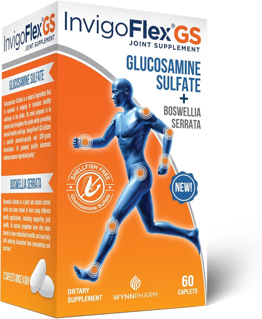 INVIGOFLEX ® GS - Glucosamin Sulfate (Shellfish Free, Natriumfri & Vegetarisk Safe) Non GMO, Gluten Free - med Boswellia Serrata - Knees, Hands, Back, og Hip Premium fælles tillæg