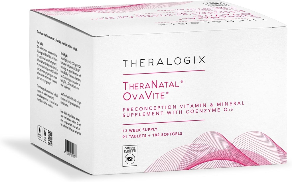 Theralogix TheraNatal OvaVite Preconception Vitaminer - 13-Week Supply - Prenatal Vitaminer & Fertilitet supplement for kvinder med CoQ10 * - NSF Certified - 91 Tabs, 182 Softgels (91 Servere)