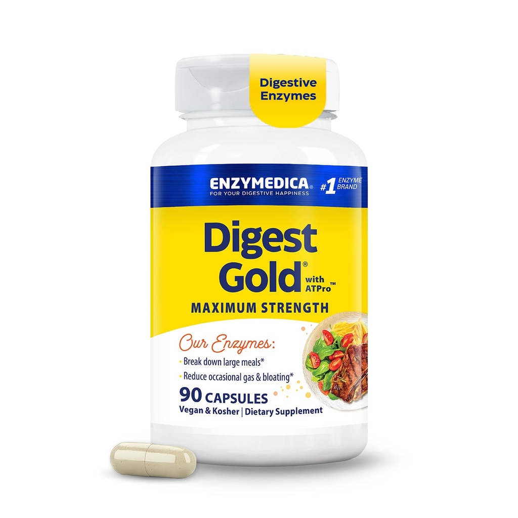 Enzymedica Digest Gold + ATPro, Maksimal styrke, Fastvirkende, Hjælper Digest Store Måltider, for Bloating and Gas, 90 Kapsler
