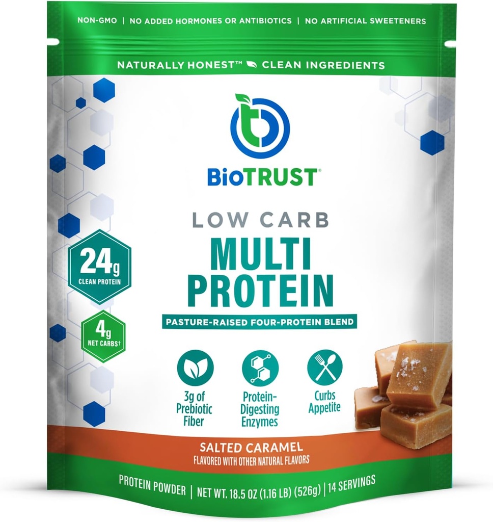 BioTrust Low Carb Protein Powder - Sund isoleret Whey Protein Powder og Casein Blend fra Grass- Fed, Pastor- Raised Kvæg, Plus fordøjelige enzymer - Saltet Caramel, 14 Servere