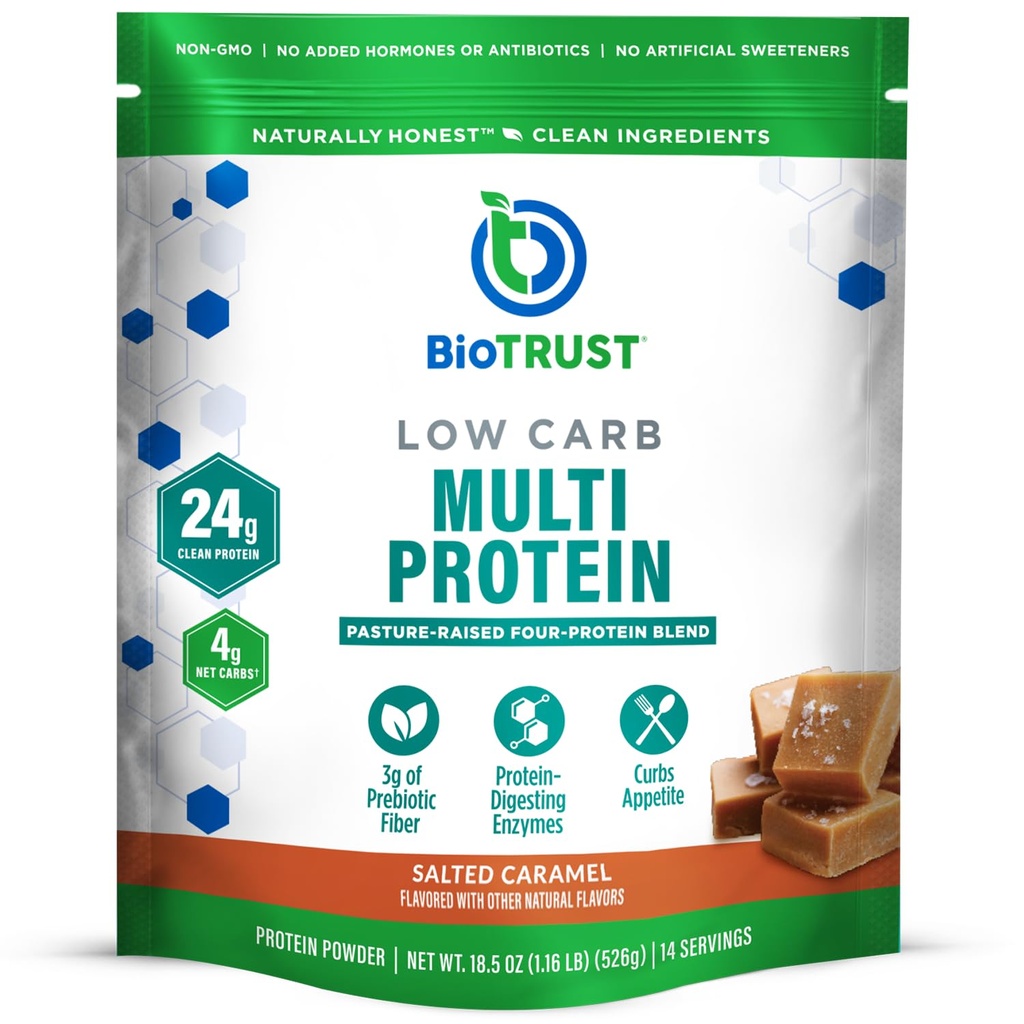 BioTrust Low Carb Protein Powder - Sund isoleret Whey Protein Powder og Casein Blend fra Grass- Fed, Pastor- Raised Kvæg, Plus fordøjelige enzymer - Saltet Caramel, 14 Servere