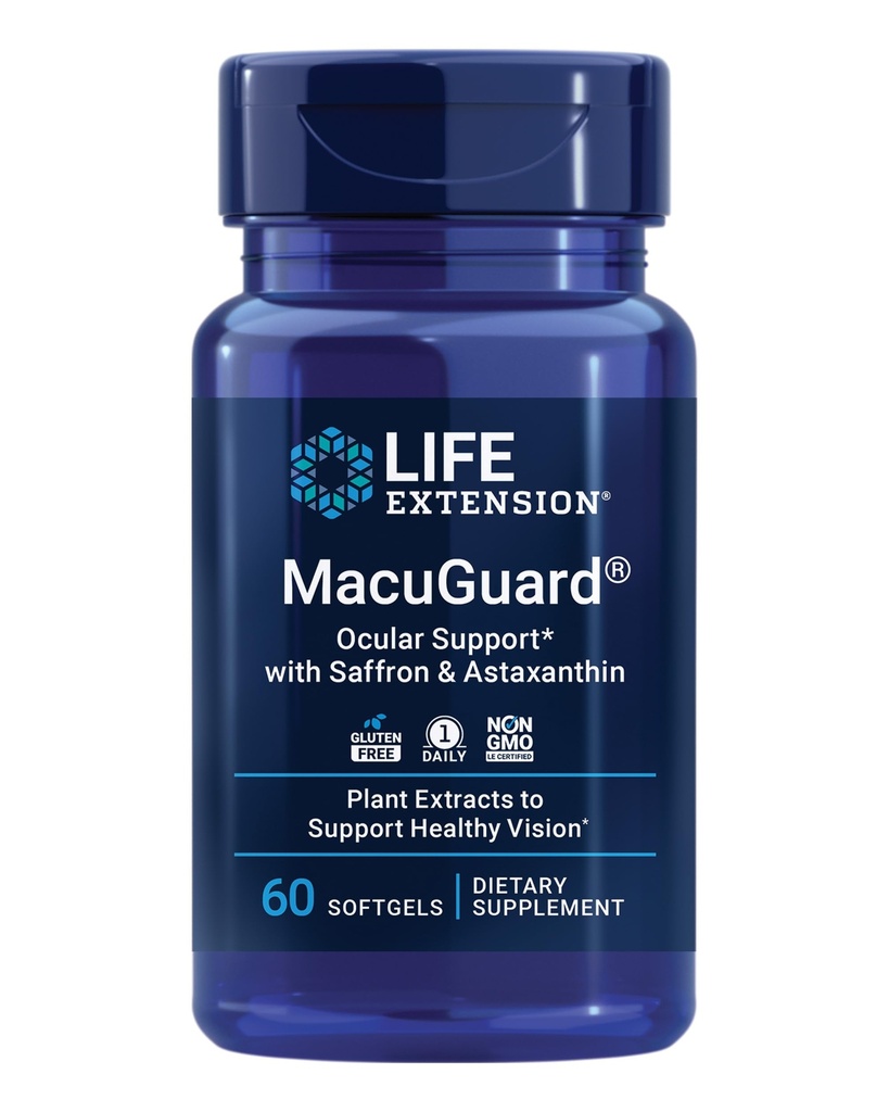 Life Extension MacuGuard Okulær support med Saffron & Astaxanthin - Eye Health Supplement for Sund Vision - med Lutein, zeaxanthin, Meso-zeaxanthin - Gluten- Free, Non- GMO - 60 softgels