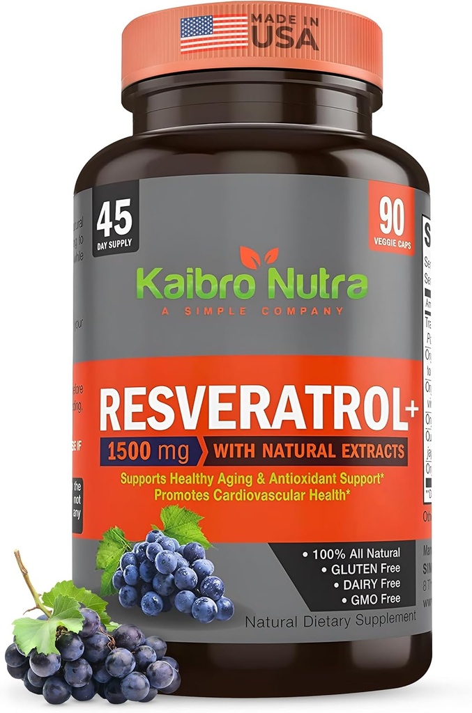 Kaibro Nutra Resveratrol Supplement, 1500mg ekstra styrke Trans Resveratrol, Quercetin med japanske Knotweed Ekstrakter, Anti- Aging, Strålende Hud og Immunitet Support, Vegan & Non- GMO, 90 Kapsler