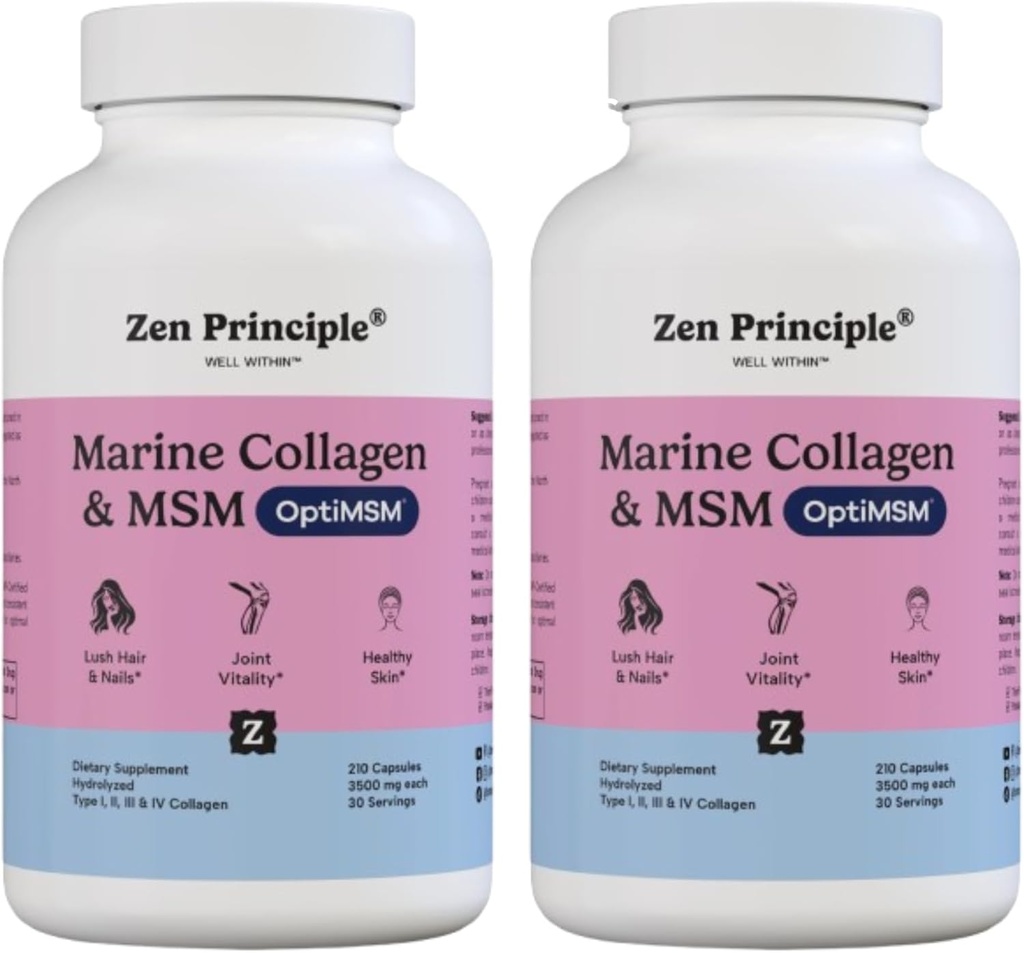 Zen Princip Marine Collagen Peptider Pulver med OptiMSM ® Supplement. Klinisk testet for hudstøtte. Wild- fanget fisk, ikke-GMO. 420 kapsler.